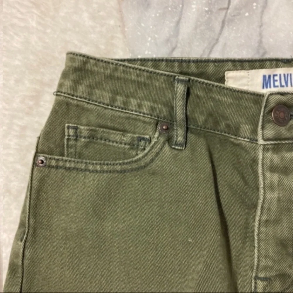 Brandy Melville Denim Cut Off Shorts Size 26 Olive Green Distressed Fringe - Picture 4 of 14